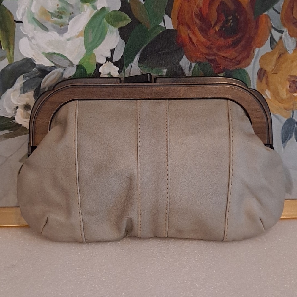 Vintage Chic Gray Taupe Genuine Leather Clutch with Faux Wood Detail Trim